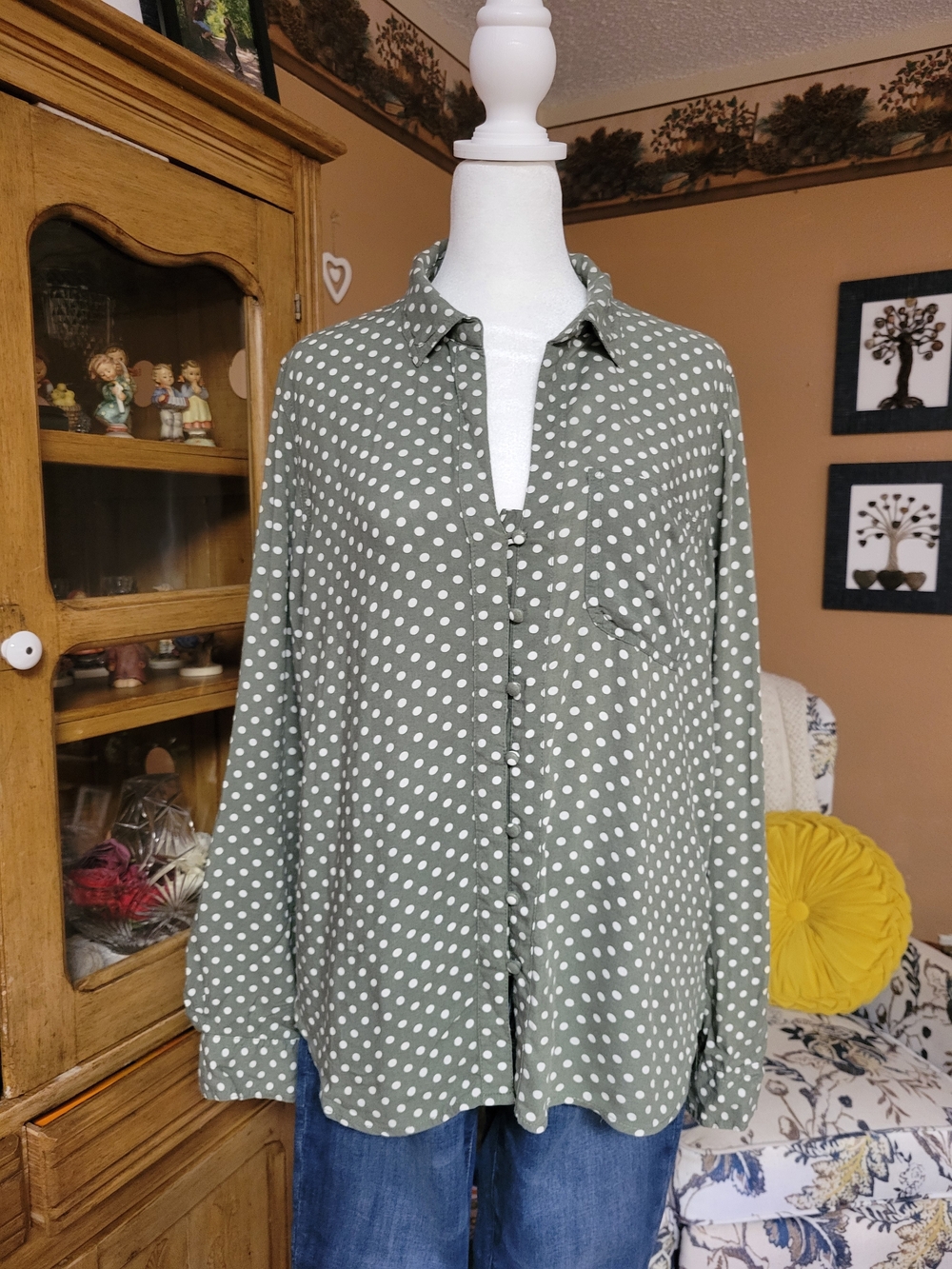 Velvet Heart Olive Green Polka Dot Button-Down Shirt